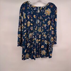 Daniel Rainn Floral Print Blouse Top Keyhole Long‎ Sleeve Navy Blue 1X